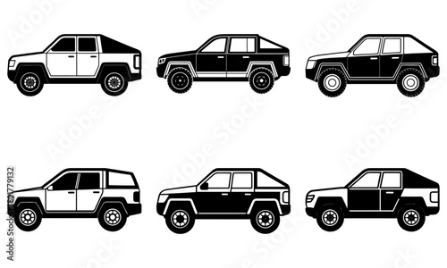 Illustration of six different suv car models in black and white with varying roof designs and body styles