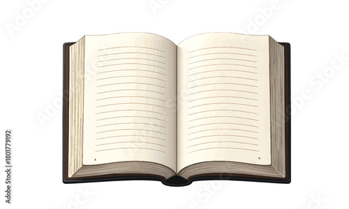 An open book with blank, lined pages invites creativity. The stark black background emphasizes the book. It is perfect for writing, drawing, or note-taking. 