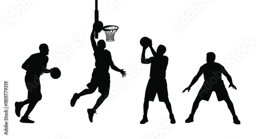 Set of four black basketball player silhouettes