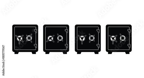 Four safes with different locking mechanisms