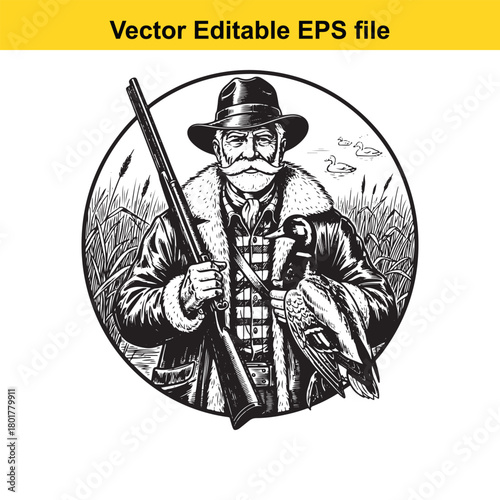 Hunter holding duck and shotgun, surrounded by reeds, vintage illustration