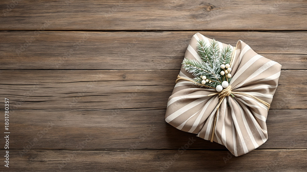 Fototapeta premium A gift wrapped in striped fabric Furoshiki style on a rustic wooden table