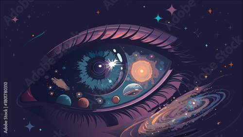 Cosmic Eye: A universe within, surreal vision of space, planets, and galaxies reflecting in a captivating eye, inspiring wonder and imagination.