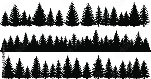 PrintCollection of dense evergreen forest tree silhouette borders featuring pine and fir woodland elements, natural landscape vector design for backgrounds