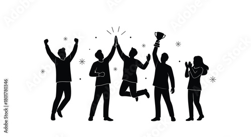 Diverse group of silhouetted people celebrating a victory together with a trophy and confetti