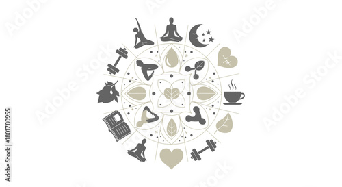 Collection of hand drawn doodle icons representing yoga fitness meditation and healthy lifestyle elements