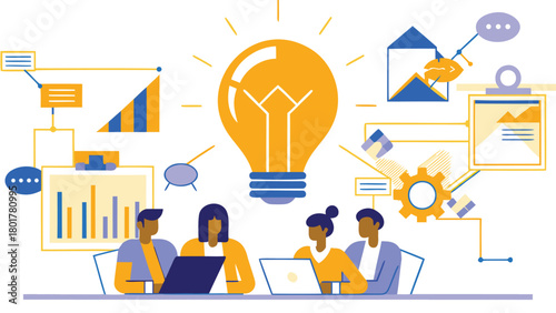 Diverse team of professionals collaborating and brainstorming ideas around a giant lightbulb symbolizing innovation and creativity in a business meeting