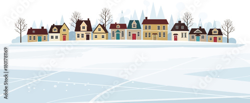 Row of houses in a snowy landscape with bare trees