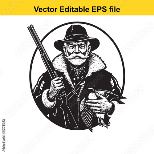 Vintage hunter with shotgun and duck, black and white illustration