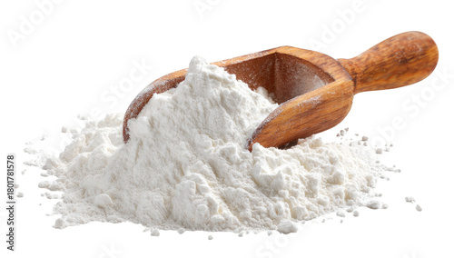 Fluffy white powder heap with a rustic wooden scoop