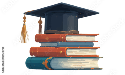 A graduation cap sits on a stack of books, symbolizing education and academic achievement. The books are orange and blue, creating a visually appealing contrast.