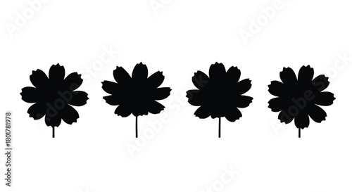 Four black flower silhouettes in a row formation