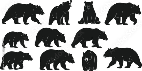 Black Bear Silhouette Collection in Various Poses and Views for Wildlife, Nature, Animal Behavior, Forest, and Design Themes
