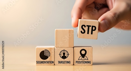 Hand placing wooden cube with stp acronym on blocks representing segmentation, targeting, and positioning strategy