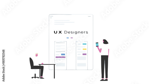 Ux designers collaborate on digital interface design arranging shapes text and vibrant colors to create a user friendly and visually appealing product layout