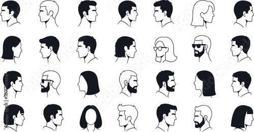Diverse human head profile silhouettes with hairstyles, beards, glasses, and accessories in black and white vector illustration for design use