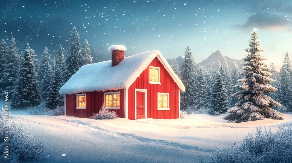 Naklejka premium Cozy red cabin in snowy mountain forest at dusk; Christmas card