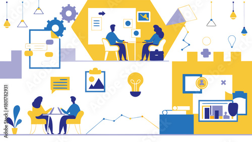 Vibrant office scene depicting diverse coworkers collaborating and working together in a modern dynamic workspace with bright colors and positive energy