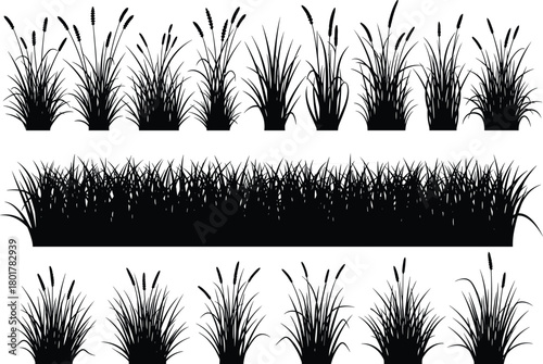 Set of black grass and plant silhouette icons featuring clumps, blades, and botanical shapes for landscaping and nature design use