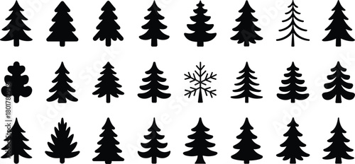 Set of 25 stylized tree silhouettes with unique shapes including coniferous, deciduous, and one snowflake icon for visual contrast
