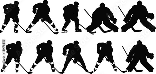 Vector silhouettes of ice hockey players and goalies in dynamic action poses, skating, defending, shooting, passing, and goaltending on ice.