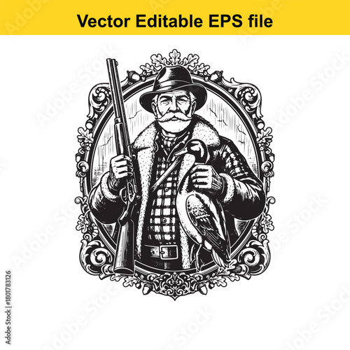 Vintage hunter with rifle and duck, detailed illustration in black and white, isolated on