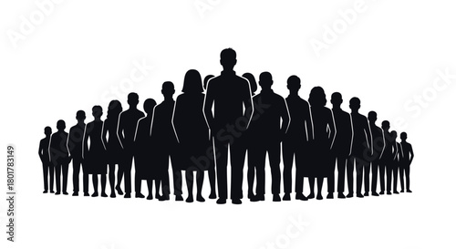 Diverse group of business professionals standing together in a unified formation against a white background