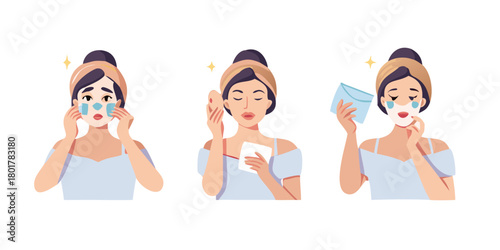 Girl doing skincare set. Collection of woman applying facial sheet mask on her face for hydrated skin. Beauty and hygiene, self care concept. Vector illustration. See Less
