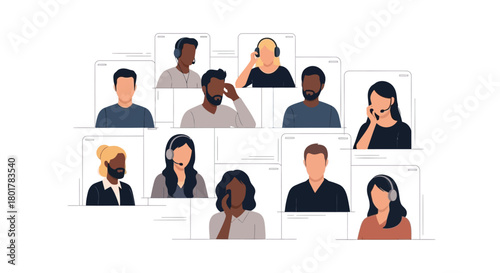 Diverse group of people participating in a virtual meeting or online conference call with video windows