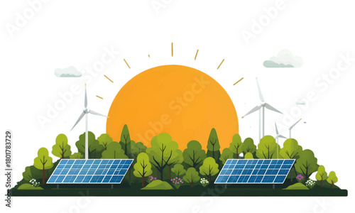 This illustration showcases solar panels and wind turbines amidst lush trees under a bright sun, highlighting the harmony between nature and renewable energy sources.