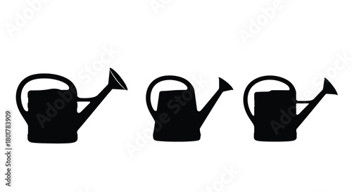 Three watering cans, gardening equipment silhouette