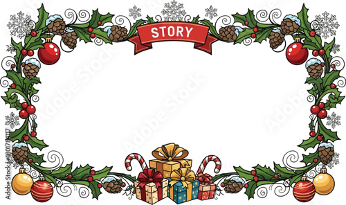 Christmas garland with story banner and gifts isolated on white background