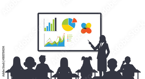Businesswoman presenting financial data and charts on a large screen to an attentive audience in a meeting