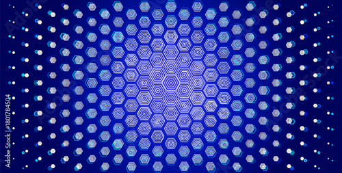 Hexagon blue motion glow depth background, geometric tech pattern, radial tunnel effect, glowing concentric honeycombs for technology, sport, science, medicine. Hexagonal pattern backdrop. Vector BG