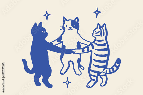 Three dancing cats hand drawn doodle vector illustration