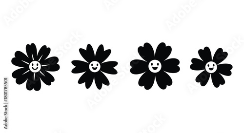 Four smiling flowers in a row in black color