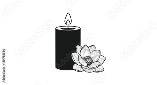 Black candle with a lit flame and a delicate lotus flower illustration on a white background