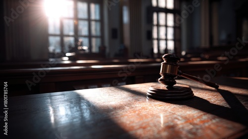 Stunning photo of judicial gavel in an empty courtroom with sunlight streaming through windows, symbolizing law, justice, and legal proceedings.