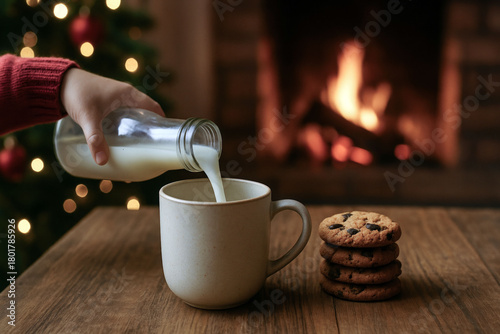 Child hand pouring milk into cup beside chocolate chip cookies for Santa Claus. Cozy Christmas evening with fireplace and festive decorations.