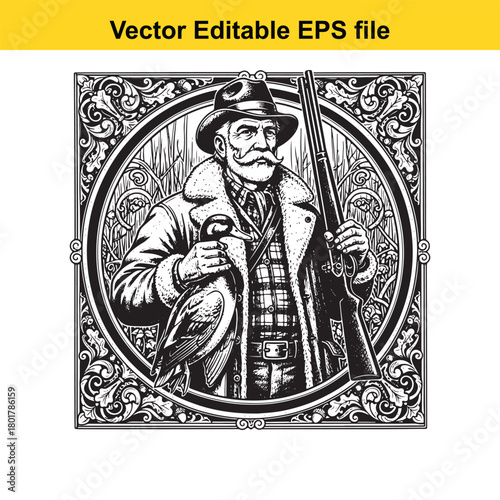 Engraved style portrait of a distinguished hunter with a duck and shotgun, framed by an ornate circular border, symbolizing a classic outdoor adventure