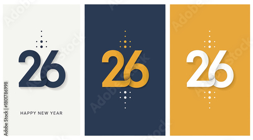 2026 Happy New Year Logo Design Set with Modern Number '26' and Abstract Dot Elements in White, Dark Blue, and Mustard Yellow Colors.