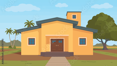 Illustration of a modern singlestory house with a tower and a blue sky