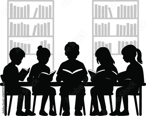 Children reading books together at a table in front of bookshelves