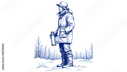 Man holding thermos in snow wearing warm winter clothes  
