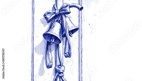 Vintage sketch of sleigh bells on door with blue ink design  