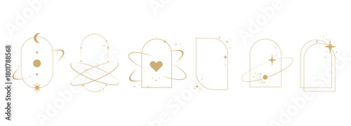 Set of minimal gold arch frames with celestial elements including moons, stars, planets, sparkles, and orbit lines, for modern design, branding, spiritual graphics, invitations.Vector illustration