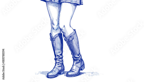 Vintage sketch of a woman wearing felt boots in blue ink  