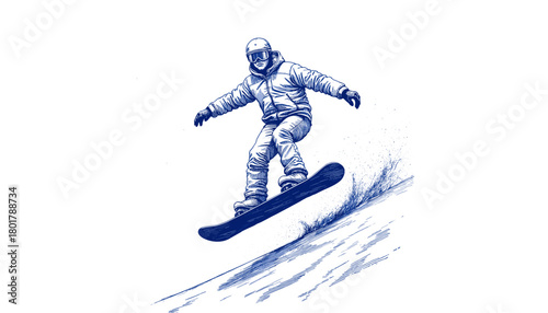 Snowboarder jumping off slope in vintage blue ink sketch style  