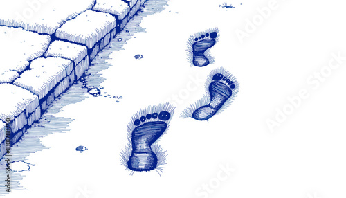 Vintage sketch of footprints on icy sidewalk in blue ink  