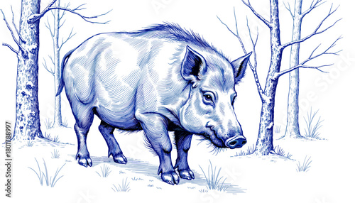 Vintage sketch of a wild boar in a snowy forest landscape  